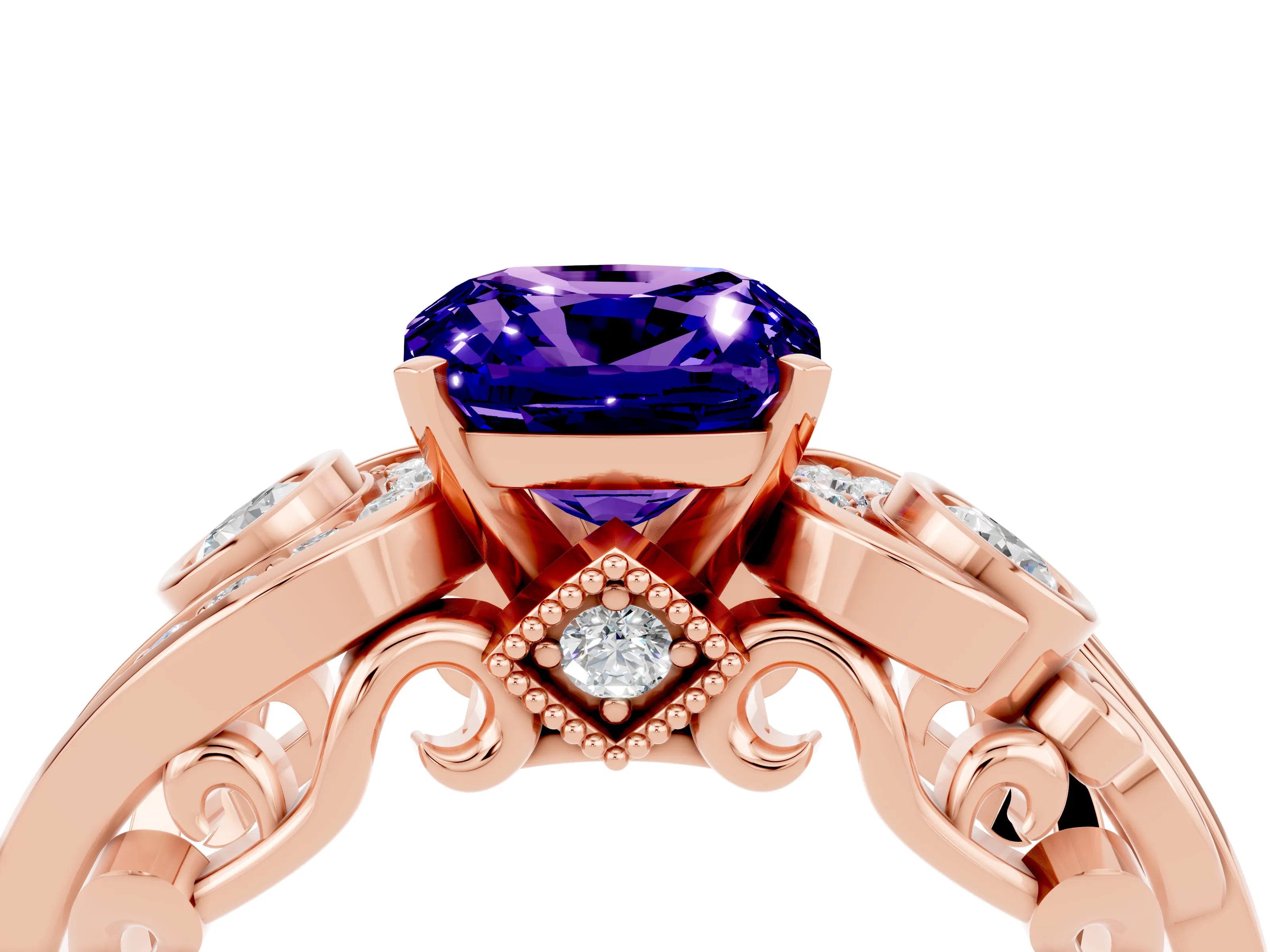 Rose gold Cushion Cut Tanzanite Solitaire Ring with Milgrain Pavé Band and Four-Prong Setting_28