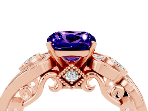 Rose gold Cushion Cut Tanzanite Solitaire Ring with Milgrain Pavé Band and Four-Prong Setting_28