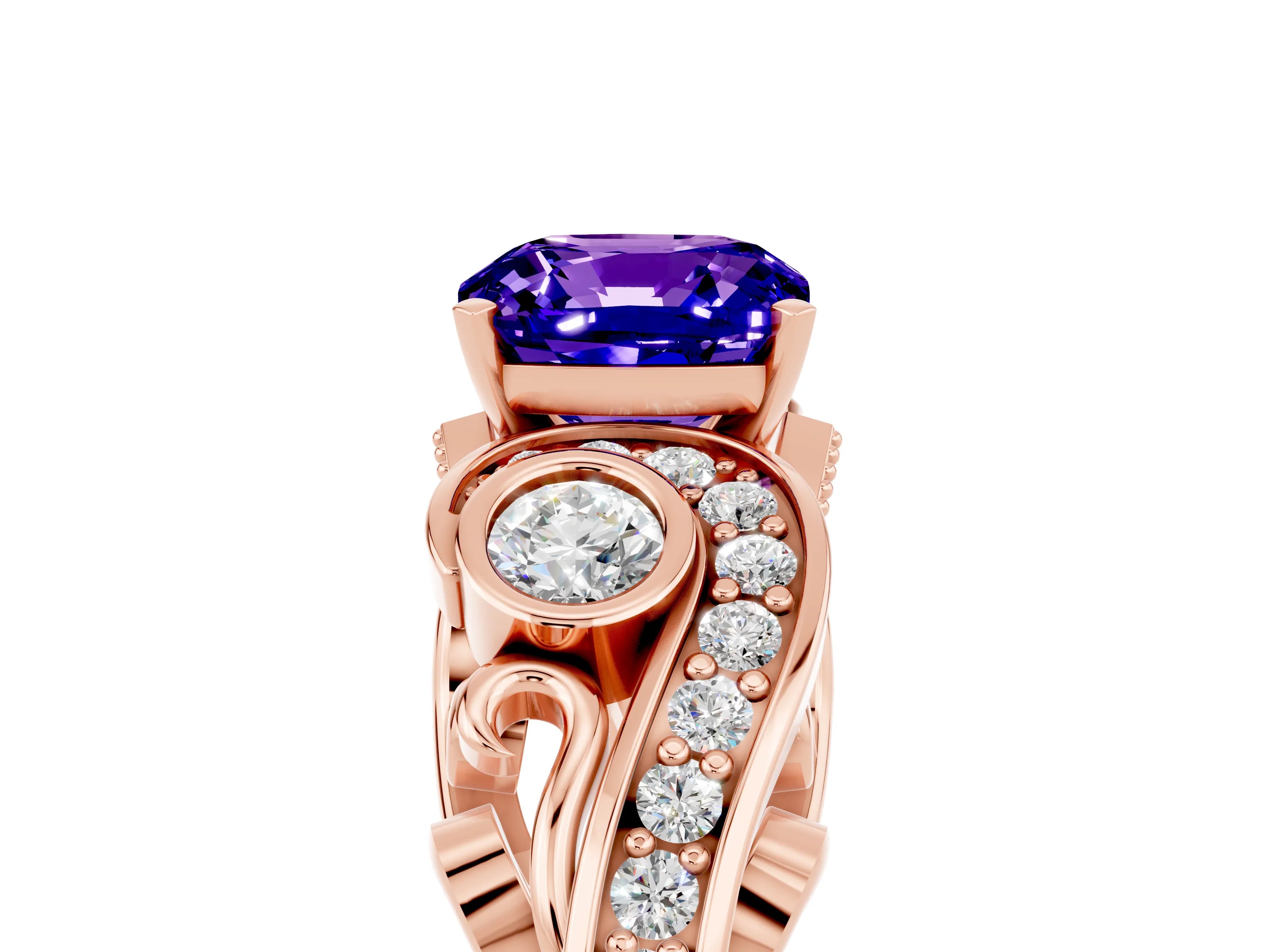 Rose gold Cushion Cut Tanzanite Solitaire Ring with Milgrain Pavé Band and Four-Prong Setting_29