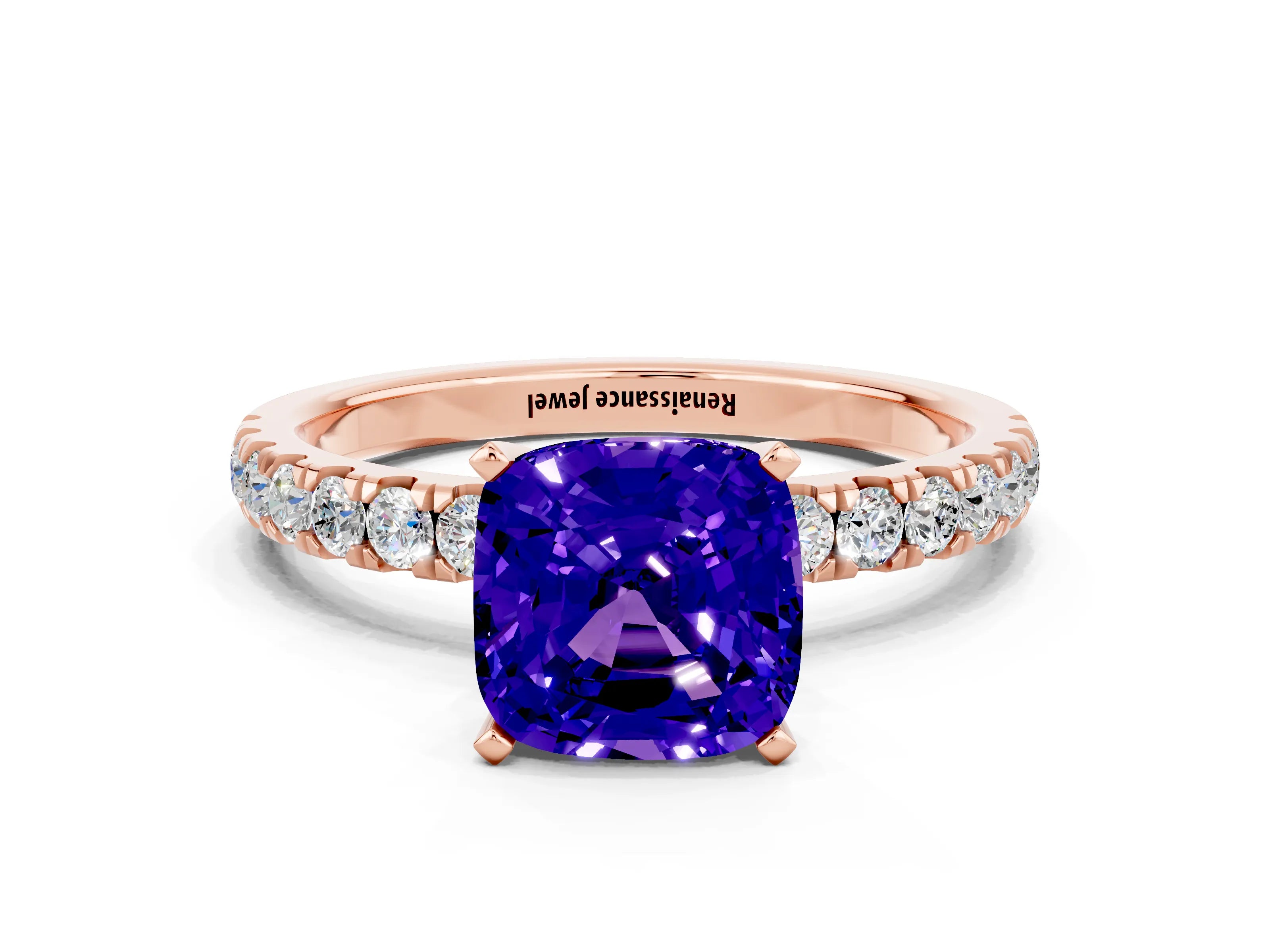 Rose gold Cushion Cut Tanzanite Solitaire Ring with Pavé Accents and Four-Prong Setting