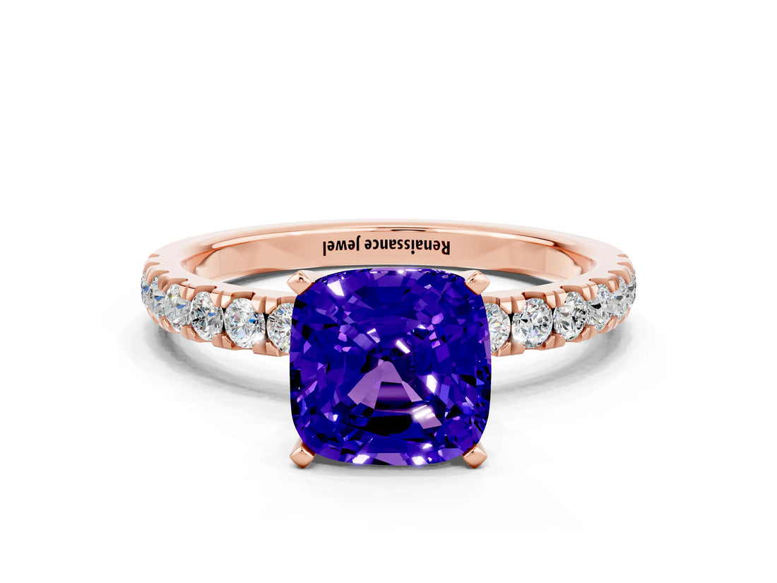 Rose gold Cushion Cut Tanzanite Solitaire Ring with Pavé Accents and Four-Prong Setting