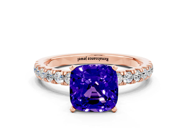 Rose gold Cushion Cut Tanzanite Solitaire Ring with Pavé Accents and Four-Prong Setting