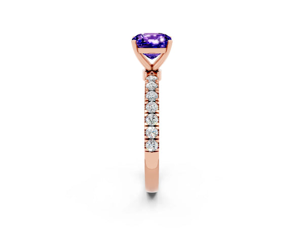 Rose gold Cushion Cut Tanzanite Solitaire Ring with Pavé Accents and Four-Prong Setting