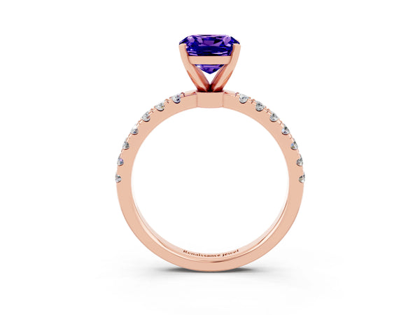 Rose gold Cushion Cut Tanzanite Solitaire Ring with Pavé Accents and Four-Prong Setting