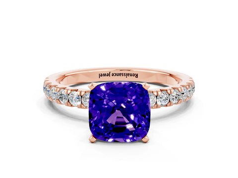 Rose gold Cushion Cut Tanzanite Solitaire Ring with Pavé Accents and Four-Prong Setting