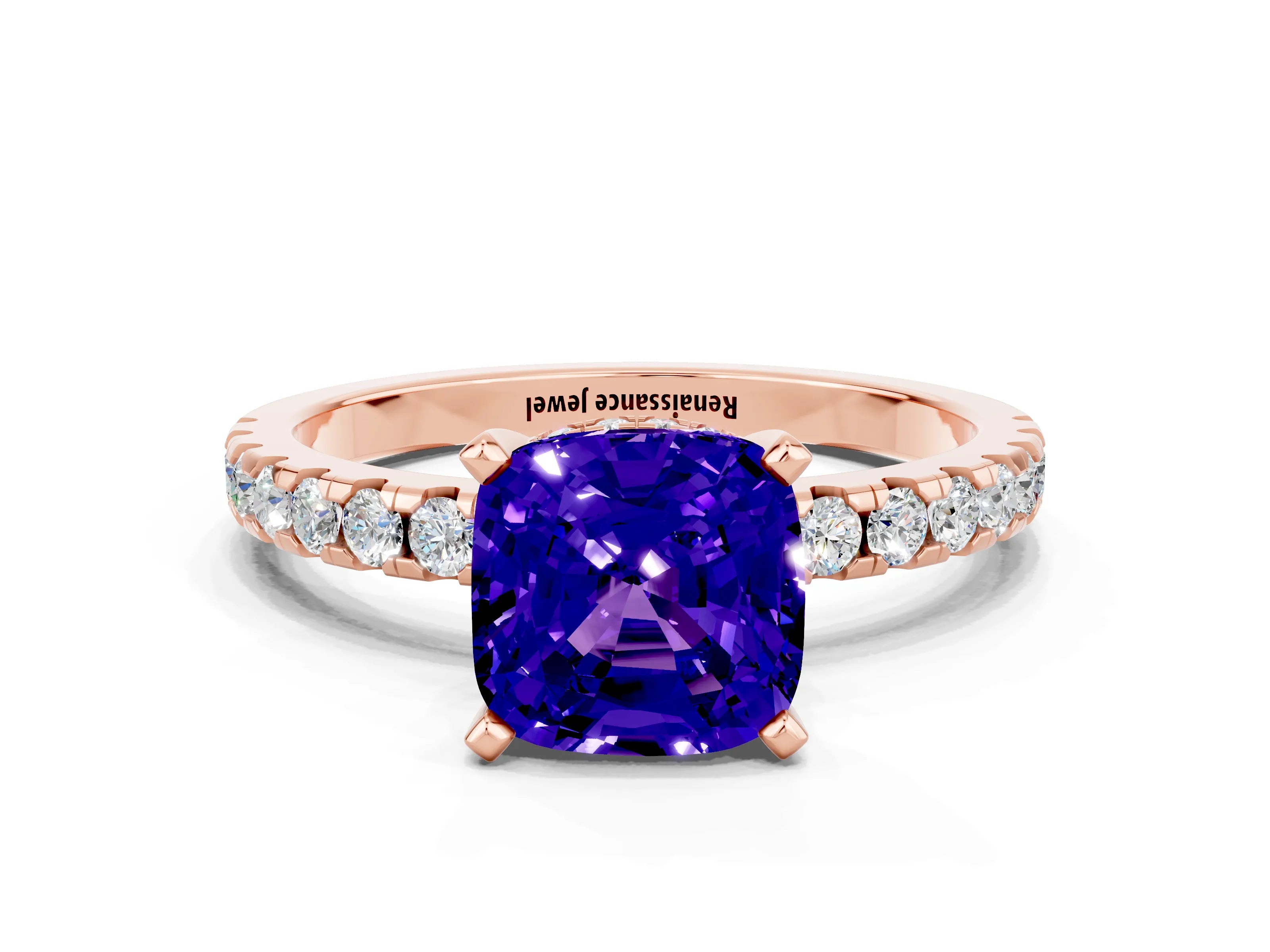 Rose gold Cushion Cut Tanzanite Solitaire Ring with Pavé Band and Four-Prong Setting_24