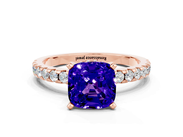 Rose gold Cushion Cut Tanzanite Solitaire Ring with Round  Pavé Band and Four-Prong Setting