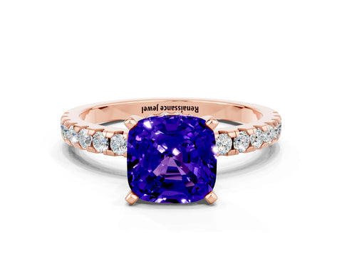 Rose gold Cushion Cut Tanzanite Solitaire Ring with Pavé Band and Four-Prong Setting_24