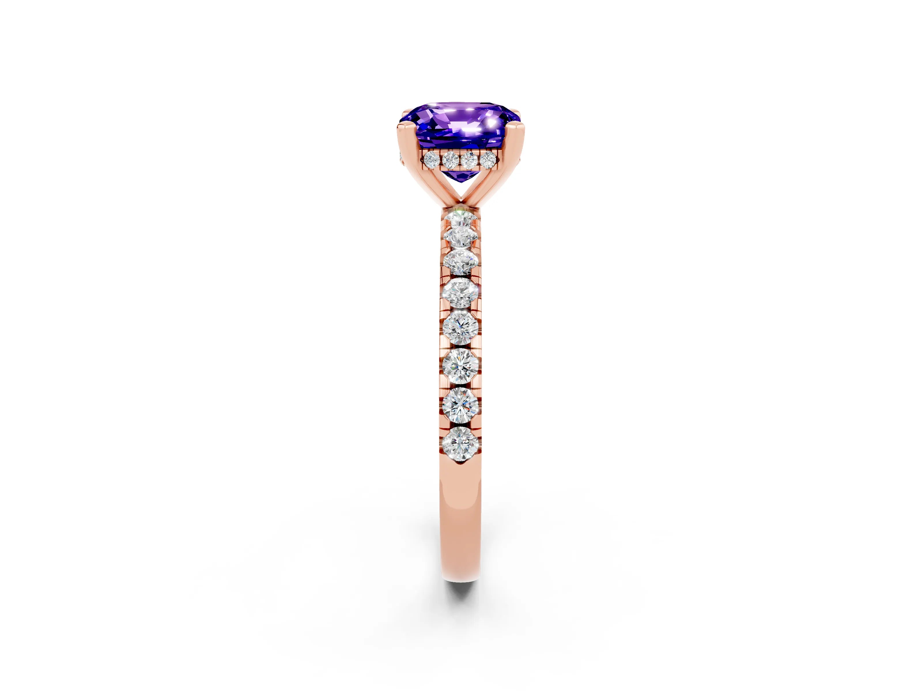 Rose gold Cushion Cut Tanzanite Solitaire Ring with Pavé Band and Four-Prong Setting_26