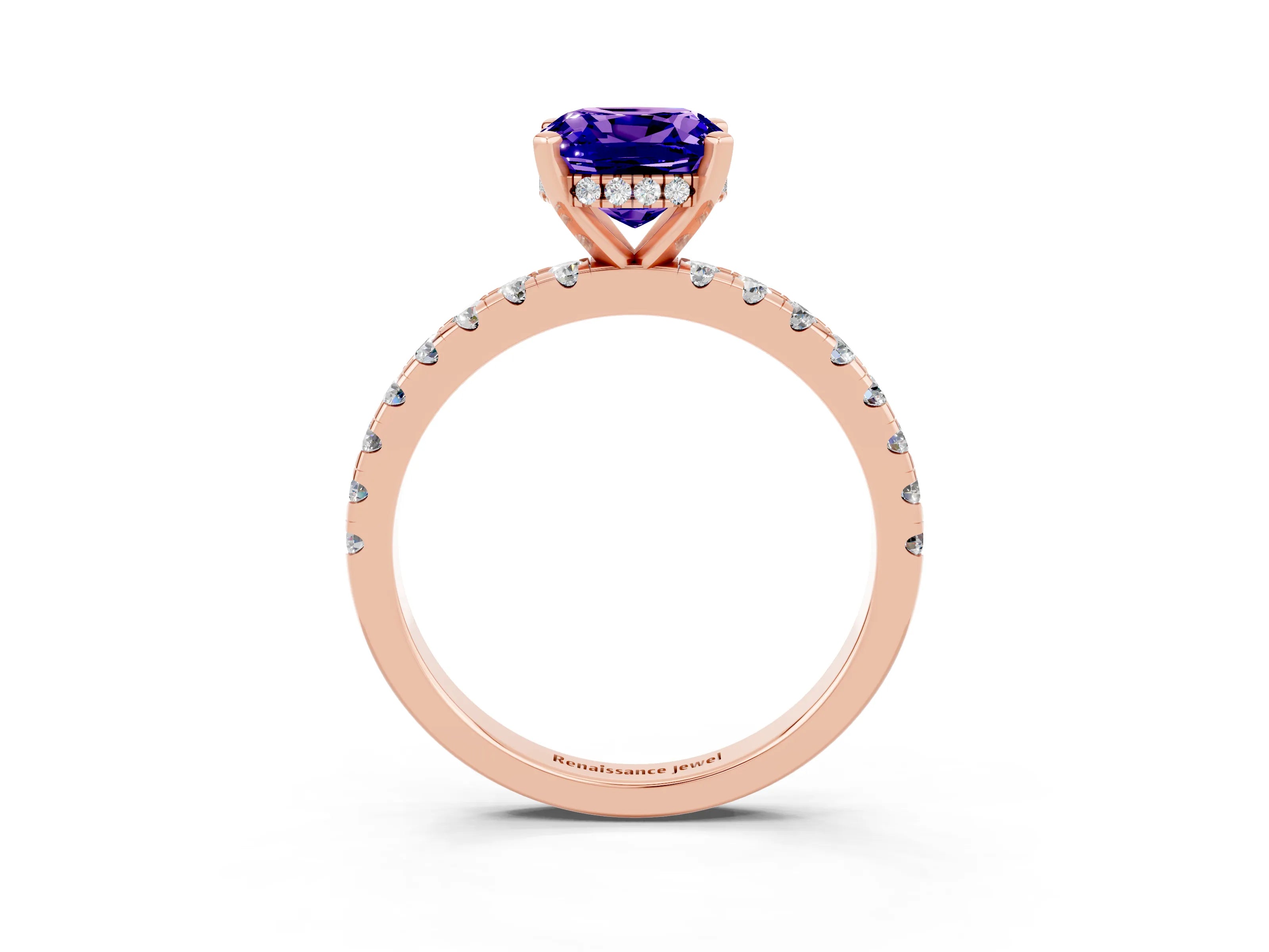 Rose gold Cushion Cut Tanzanite Solitaire Ring with Pavé Band and Four-Prong Setting_27