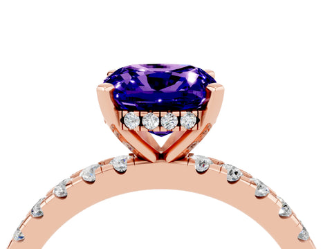 Rose gold Cushion Cut Tanzanite Solitaire Ring with Pavé Band and Four-Prong Setting_28