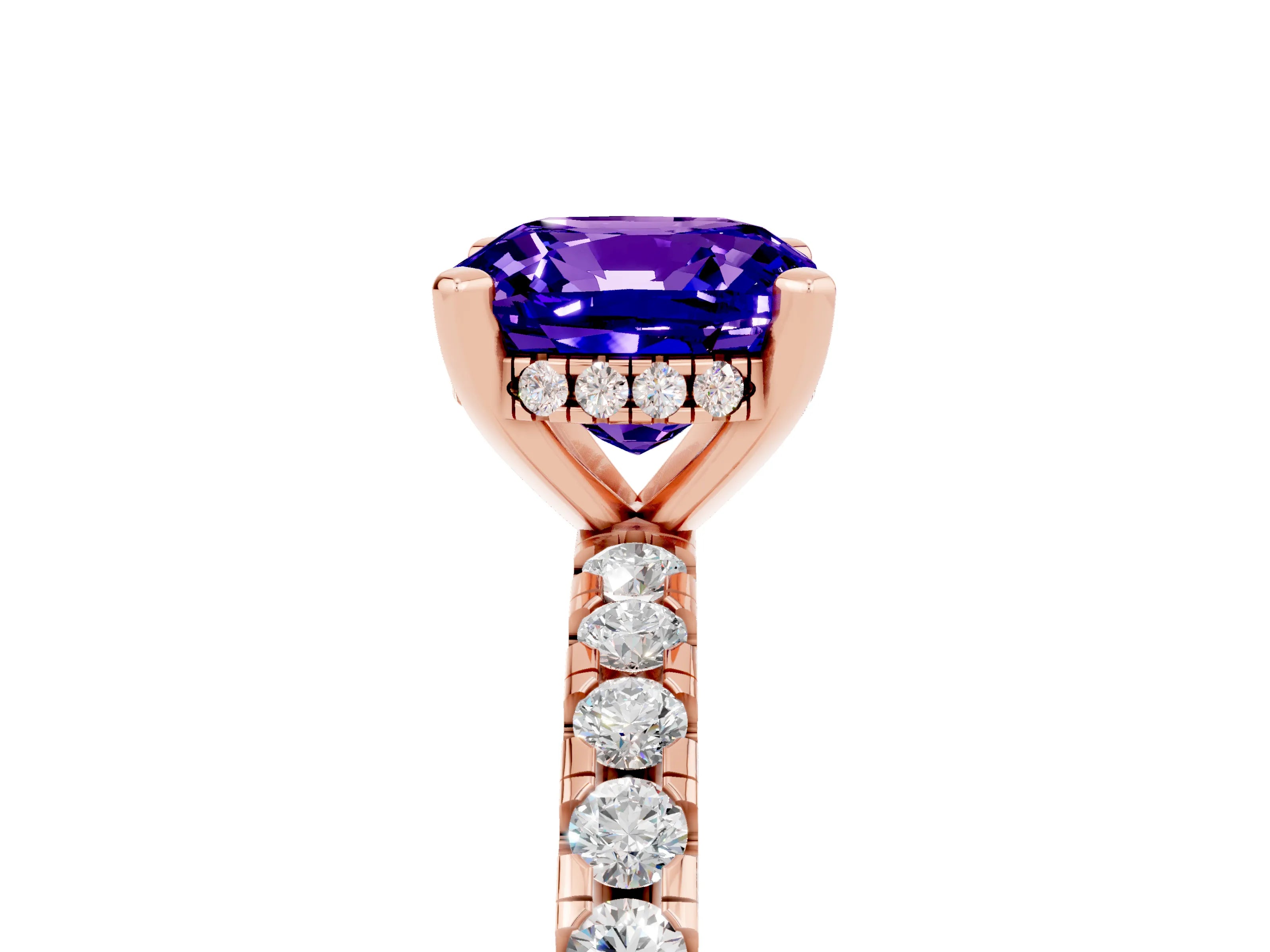 Rose gold Cushion Cut Tanzanite Solitaire Ring with Pavé Band and Four-Prong Setting_29
