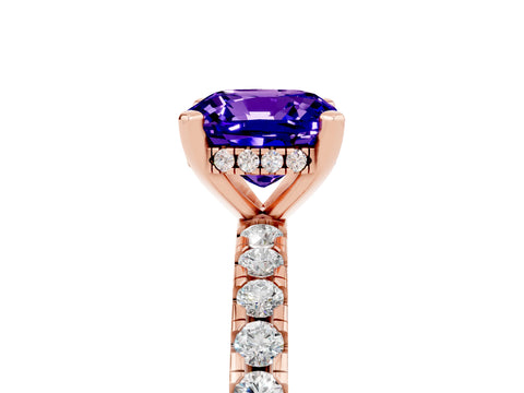 Rose gold Cushion Cut Tanzanite Solitaire Ring with Pavé Band and Four-Prong Setting_29