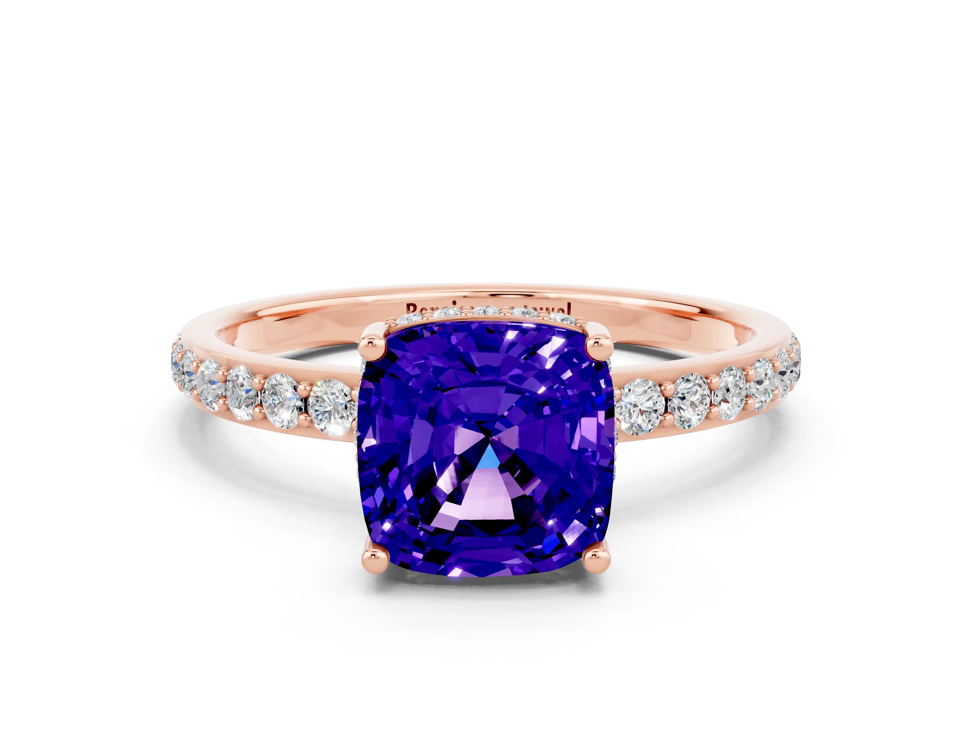 Rose gold Cushion Cut Tanzanite Solitaire Ring with Pavé Band and Hidden Halo_12