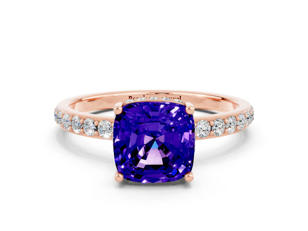 Rose gold Cushion Cut Tanzanite Solitaire Ring with Pavé Band and Hidden Halo