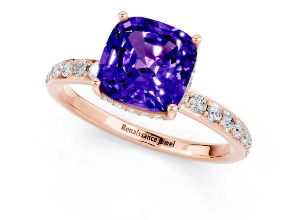 Rose gold Cushion Cut Tanzanite Solitaire Ring with Pavé Band and Hidden Halo