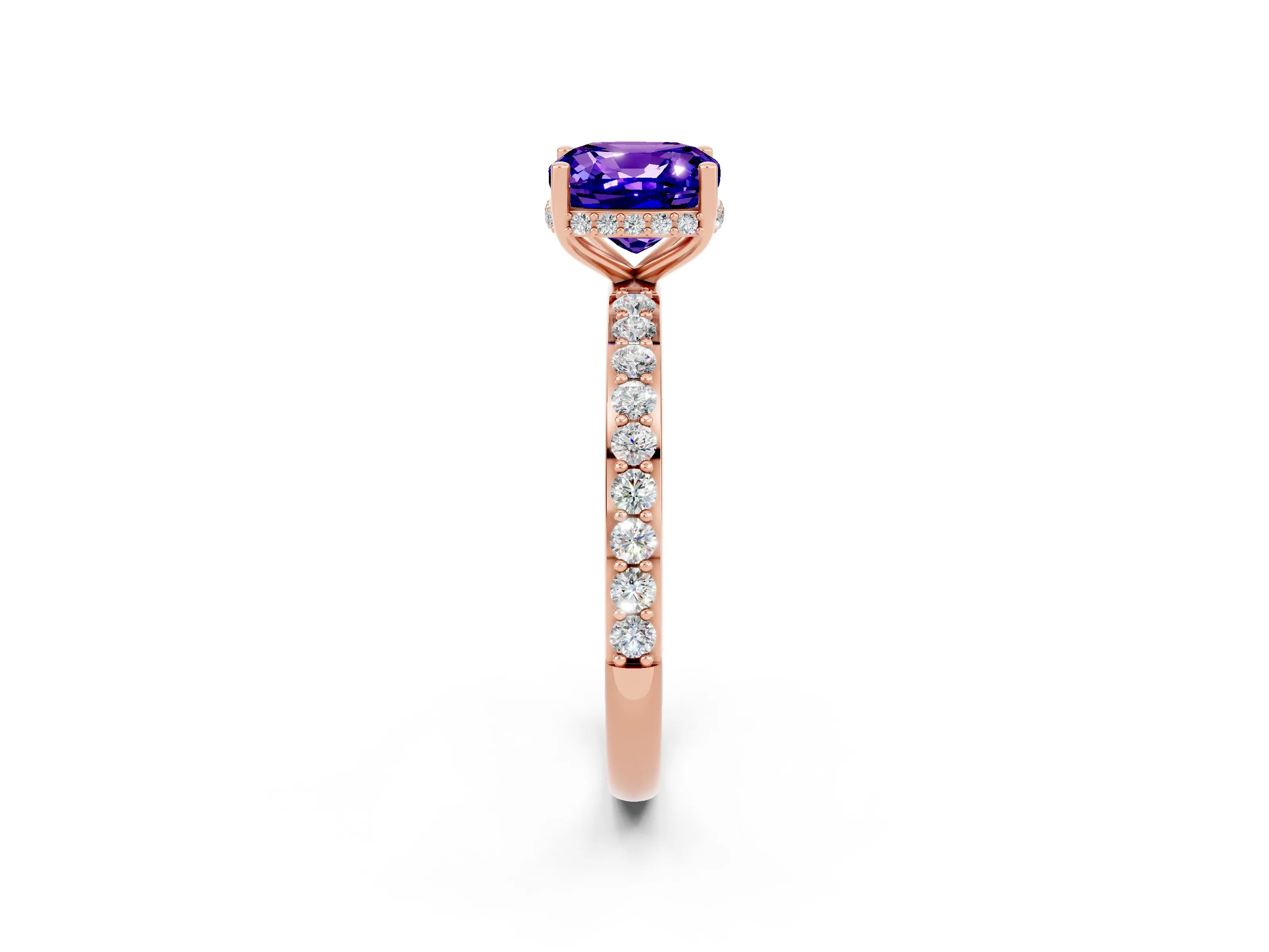 Rose gold Cushion Cut Tanzanite Solitaire Ring with Pavé Band and Hidden Halo_14