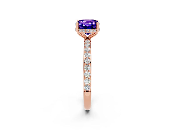 Rose gold Cushion Cut Tanzanite Solitaire Ring with Pavé Band and Hidden Halo