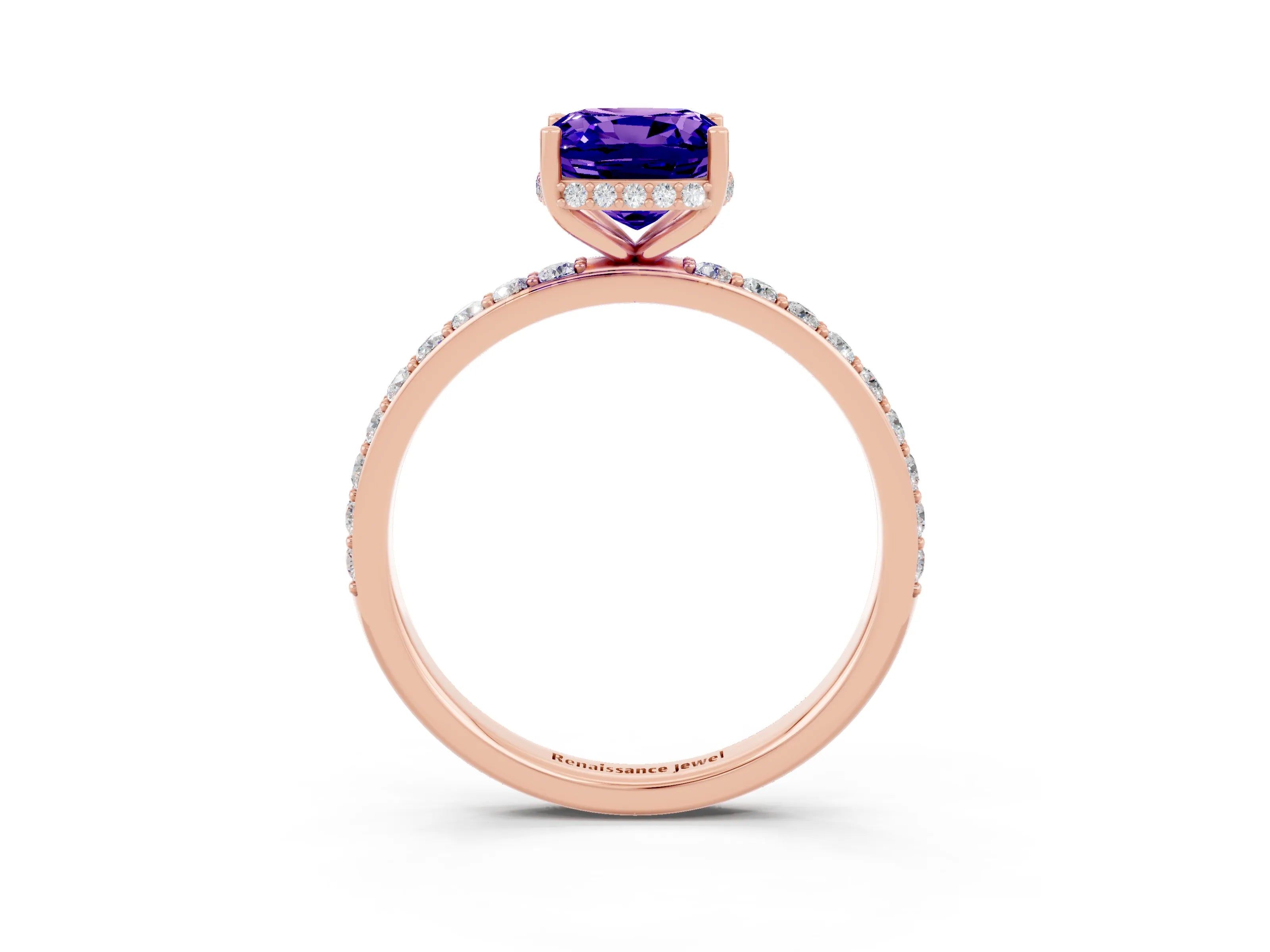 Rose gold Cushion Cut Tanzanite Solitaire Ring with Pavé Band and Hidden Halo_15