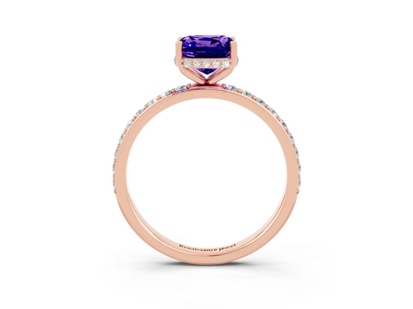 Rose gold Cushion Cut Tanzanite Solitaire Ring with Pavé Band and Hidden Halo
