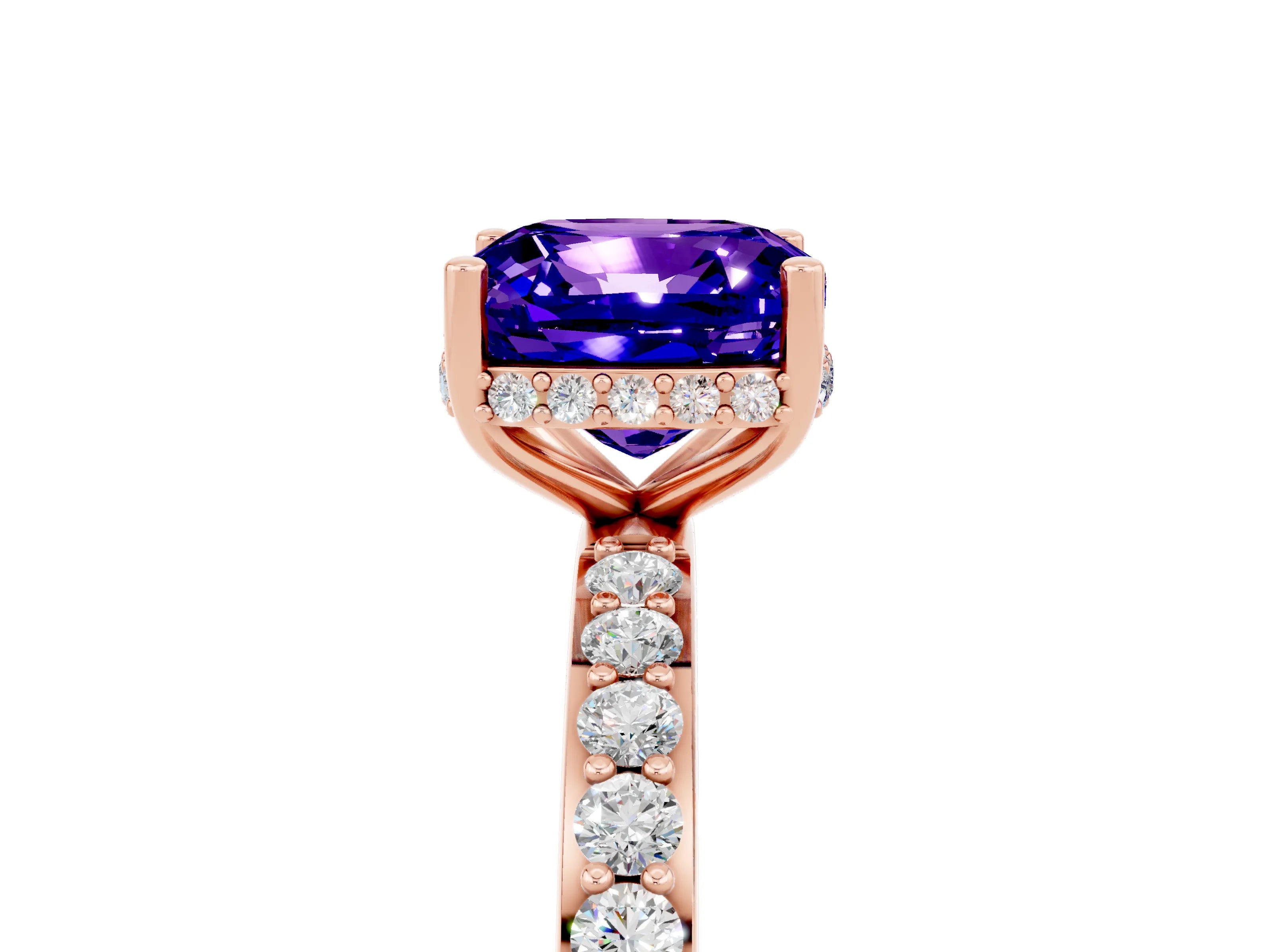 Rose gold Cushion Cut Tanzanite Solitaire Ring with Pavé Band and Hidden Halo_17