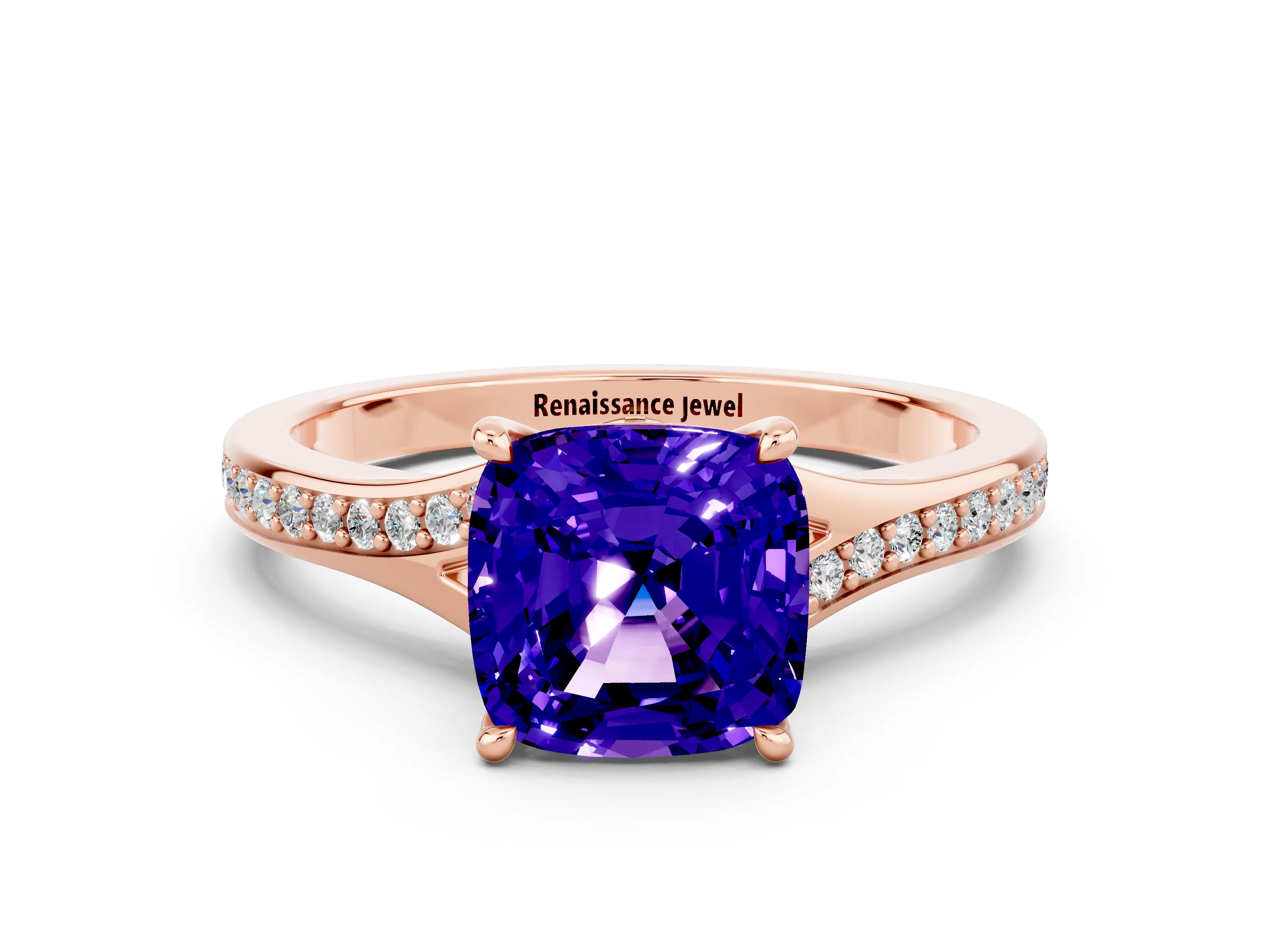 Rose gold Cushion Cut Tanzanite Solitaire Ring with Pavé Band and Prong Setting_12