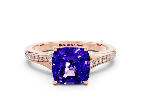 Rose gold Cushion Cut Tanzanite Solitaire Ring with Pavé Band and Prong Setting_12