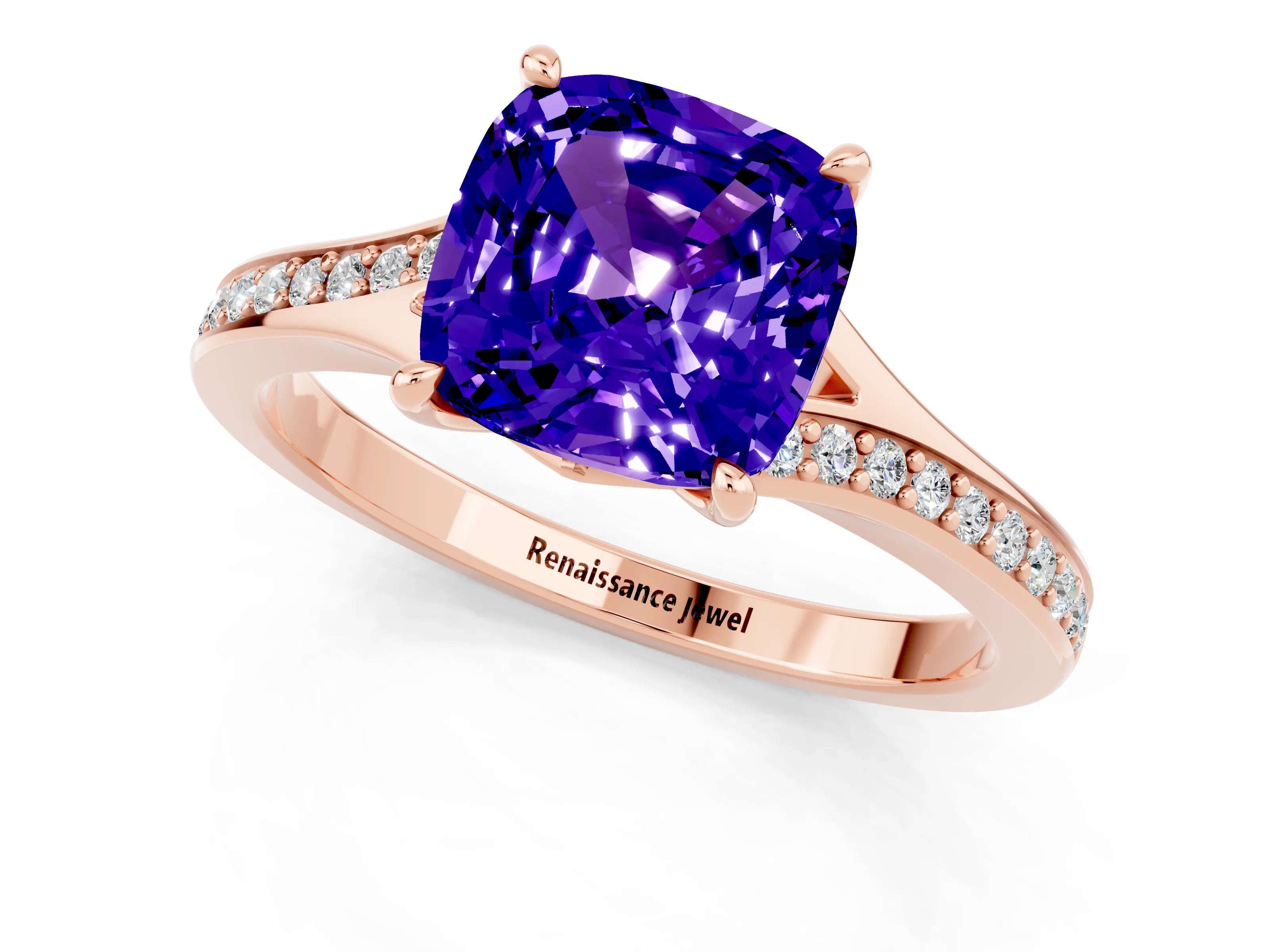 Rose gold Cushion Cut Tanzanite Solitaire Ring with Pavé Band and Prong Setting_13