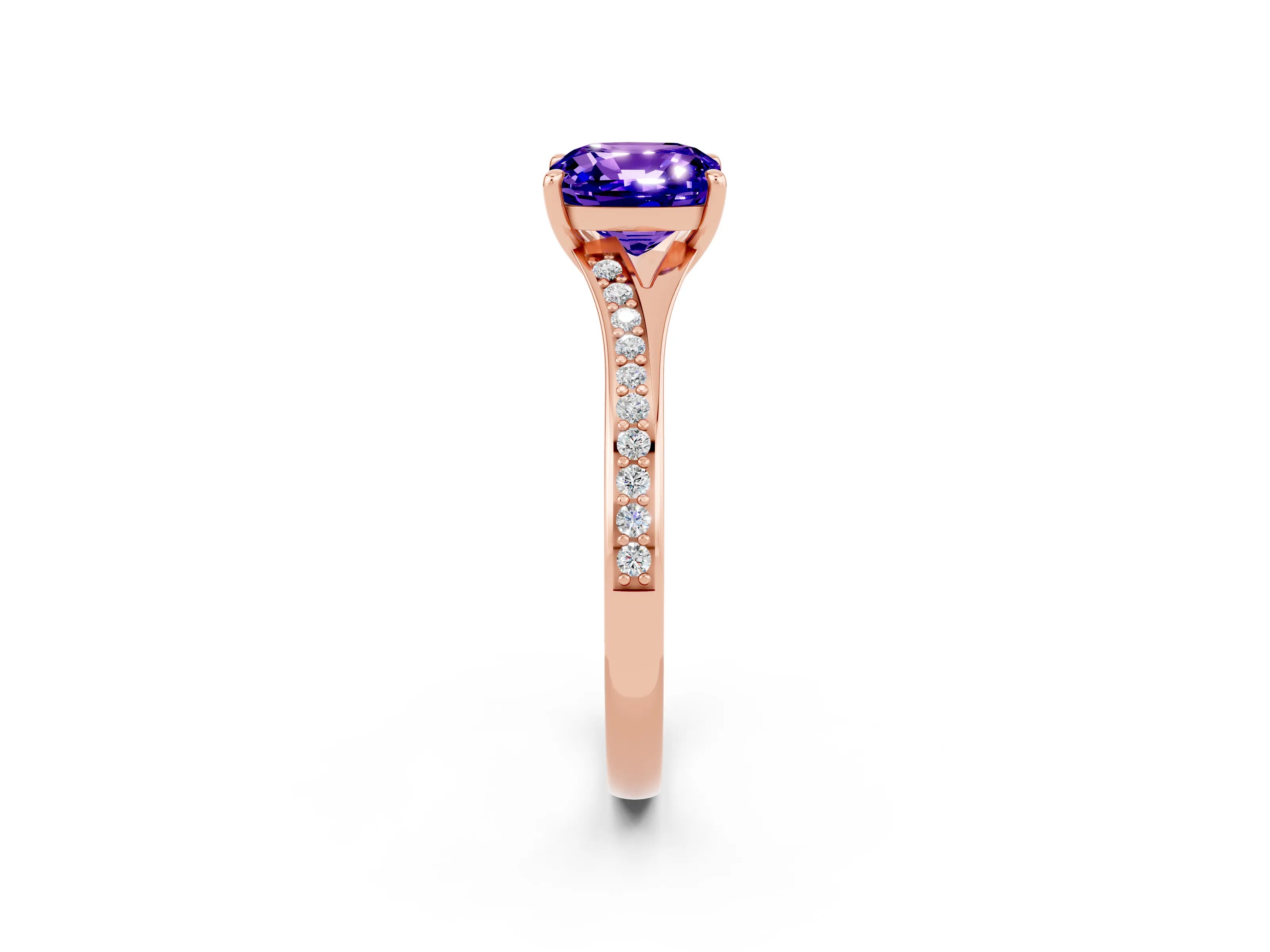 Rose gold Cushion Cut Tanzanite Solitaire Ring with Pavé Band and Prong Setting_14
