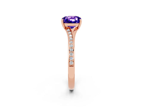 Rose gold Cushion Cut Tanzanite Solitaire Ring with Pavé Band and Prong Setting_14