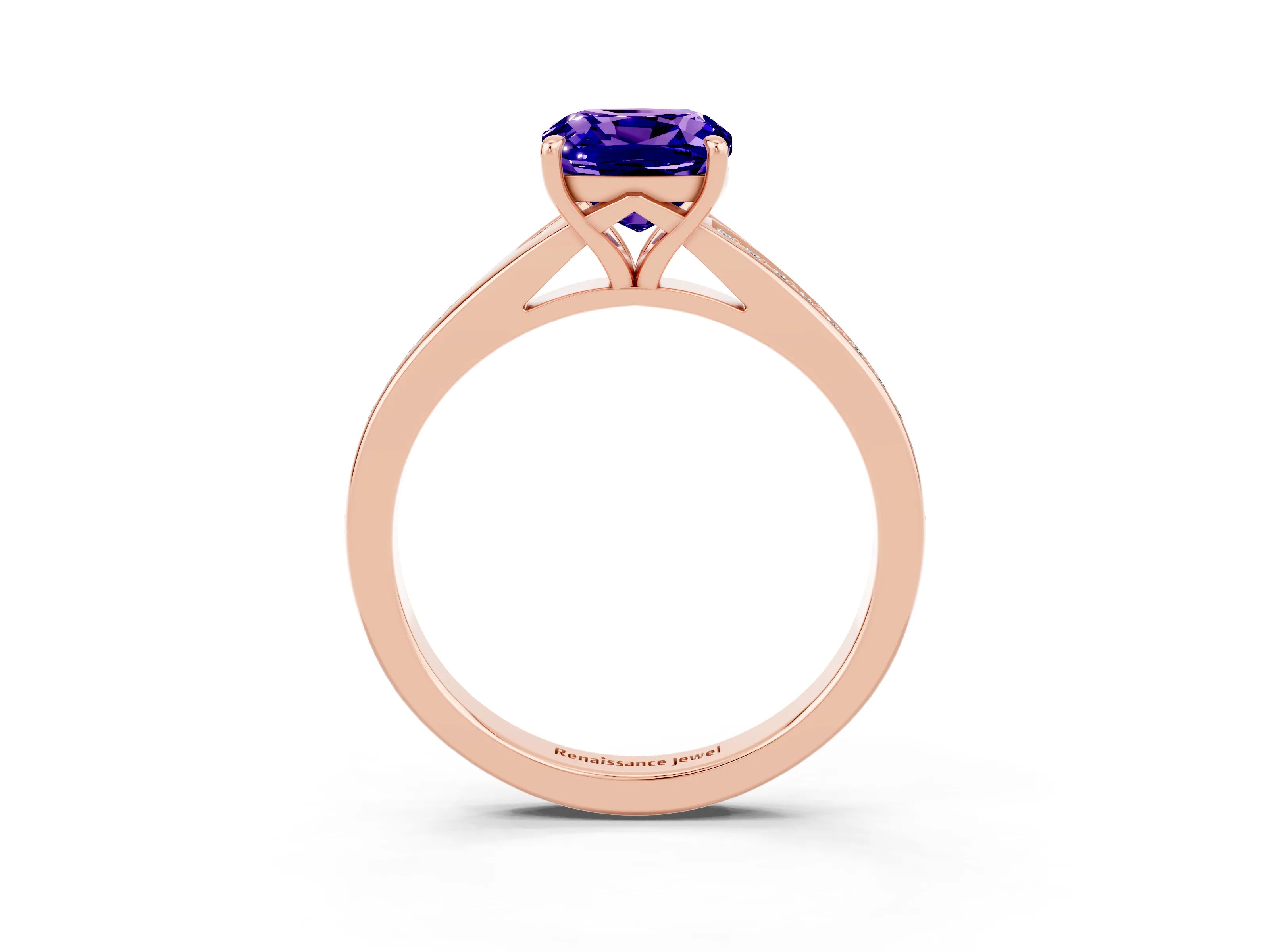Rose gold Cushion Cut Tanzanite Solitaire Ring with Pavé Band and Prong Setting_15