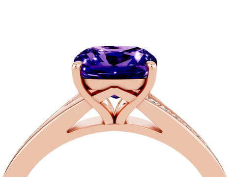 Rose gold Cushion Cut Tanzanite Solitaire Ring with Pavé Band and Prong Setting_16