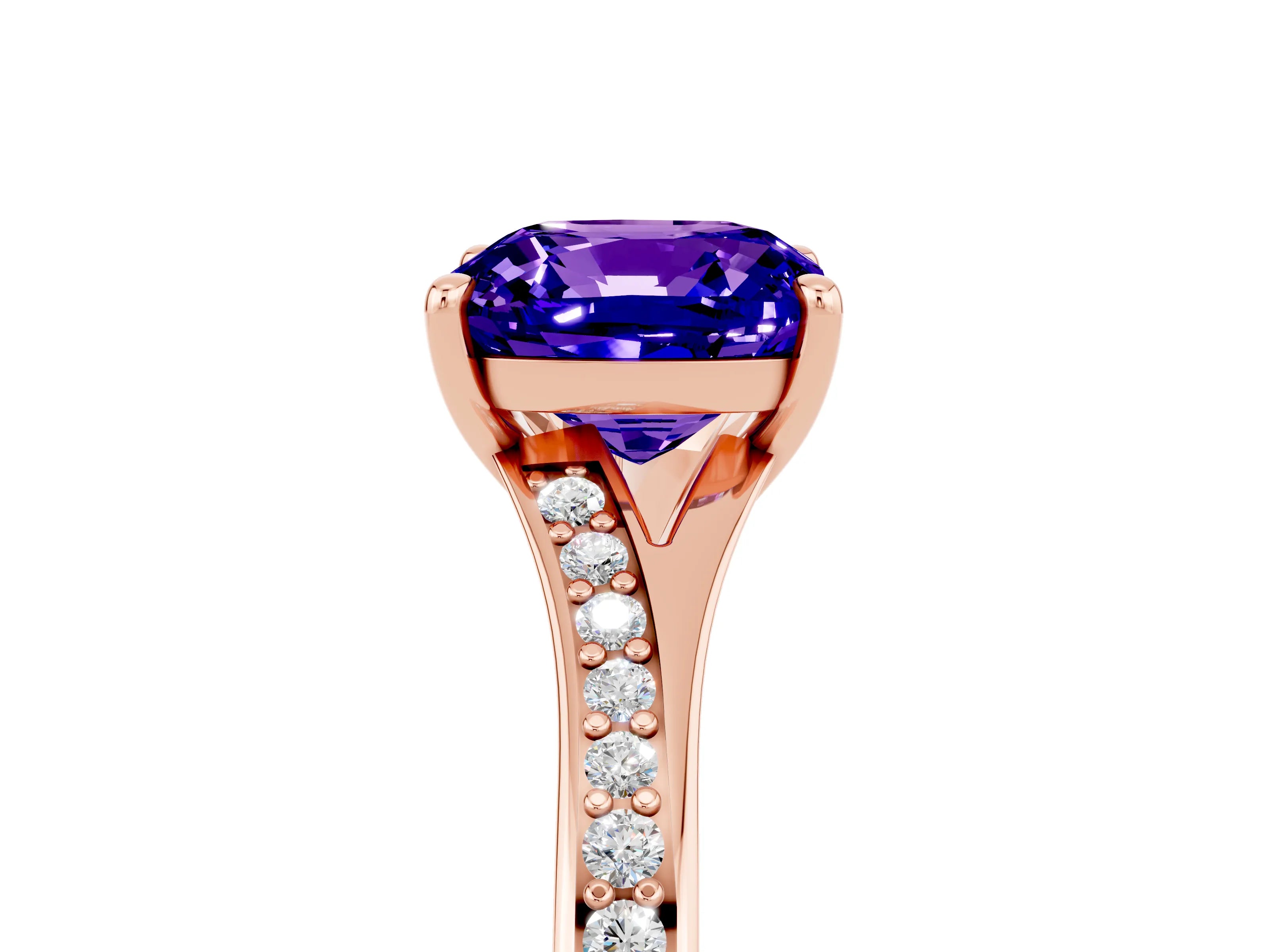 Rose gold Cushion Cut Tanzanite Solitaire Ring with Pavé Band and Prong Setting_17
