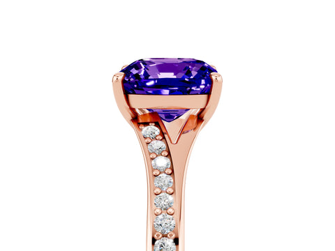 Rose gold Cushion Cut Tanzanite Solitaire Ring with Pavé Band and Prong Setting_17