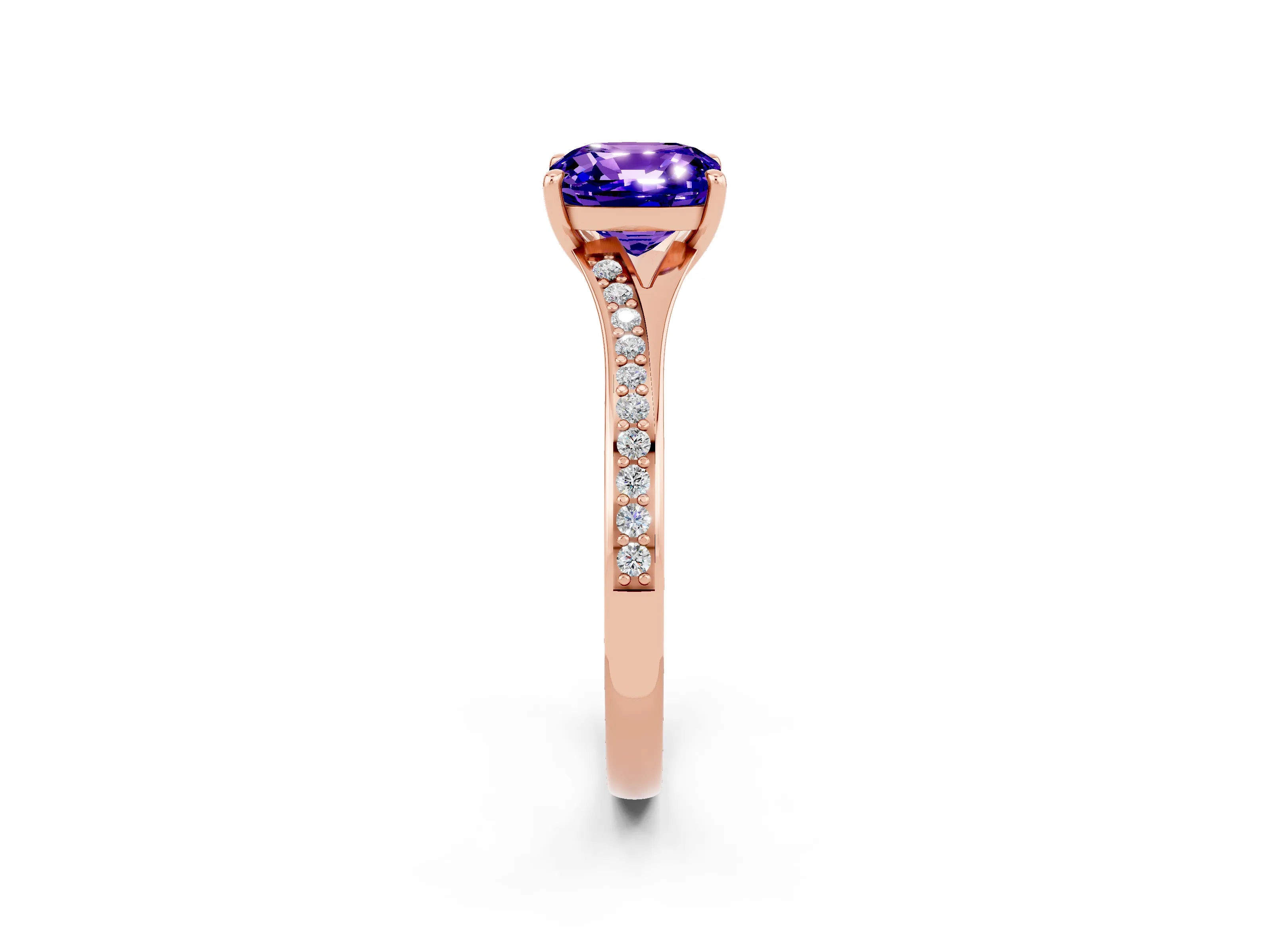 Rose gold Cushion Cut Tanzanite Solitaire Ring with Pavé Band and Prong Setting_2