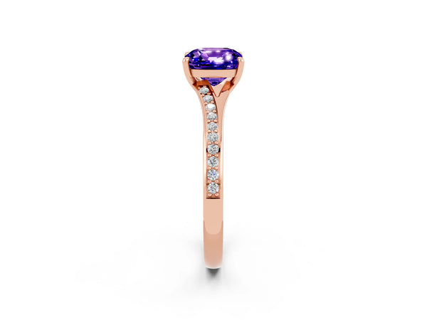 Rose gold Cushion Cut Tanzanite Solitaire Ring with Pavé Band and Prong Setting