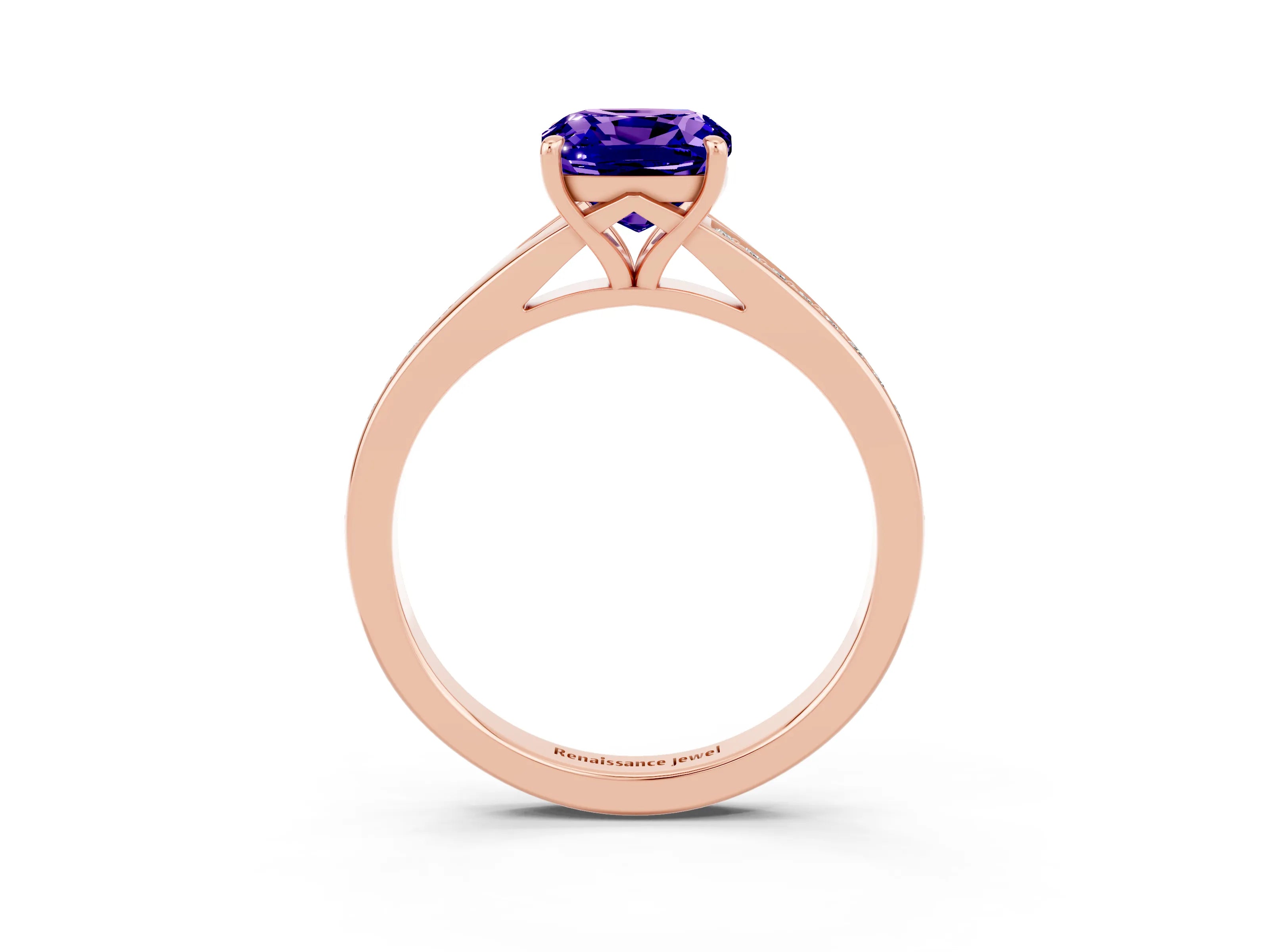 Rose gold Cushion Cut Tanzanite Solitaire Ring with Pavé Band and Prong Setting_3