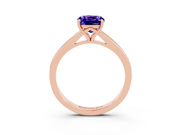 Rose gold Cushion Cut Tanzanite Solitaire Ring with Pavé Band and Prong Setting