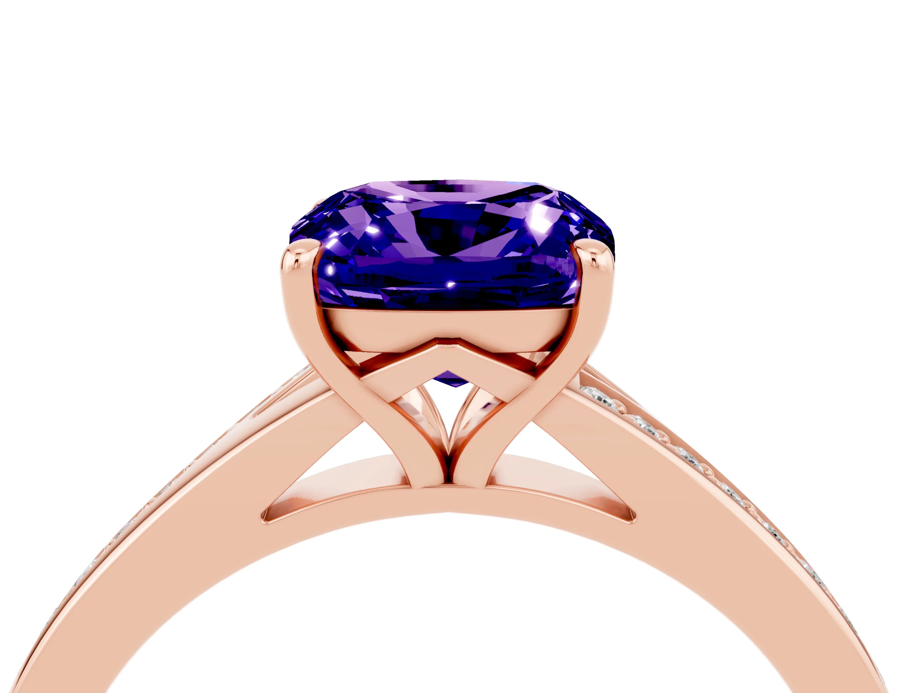 Rose gold Cushion Cut Tanzanite Solitaire Ring with Pavé Band and Prong Setting_4