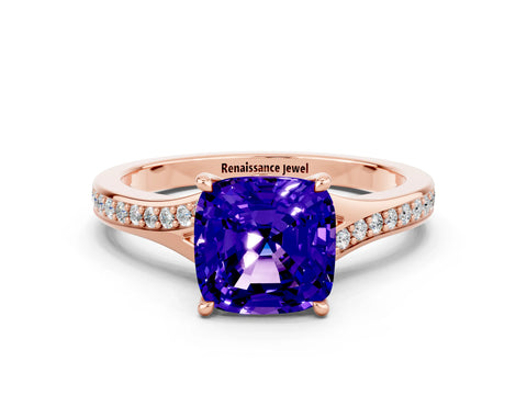Rose gold Cushion Cut Tanzanite Solitaire Ring with Pavé Band and Prong Setting