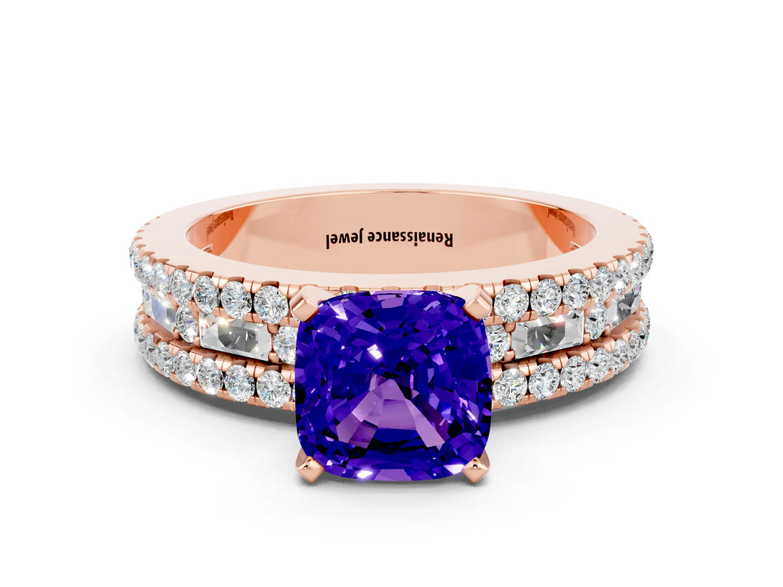 Rose gold Cushion Cut Tanzanite Solitaire Ring with Pavé and Channel Set Band
