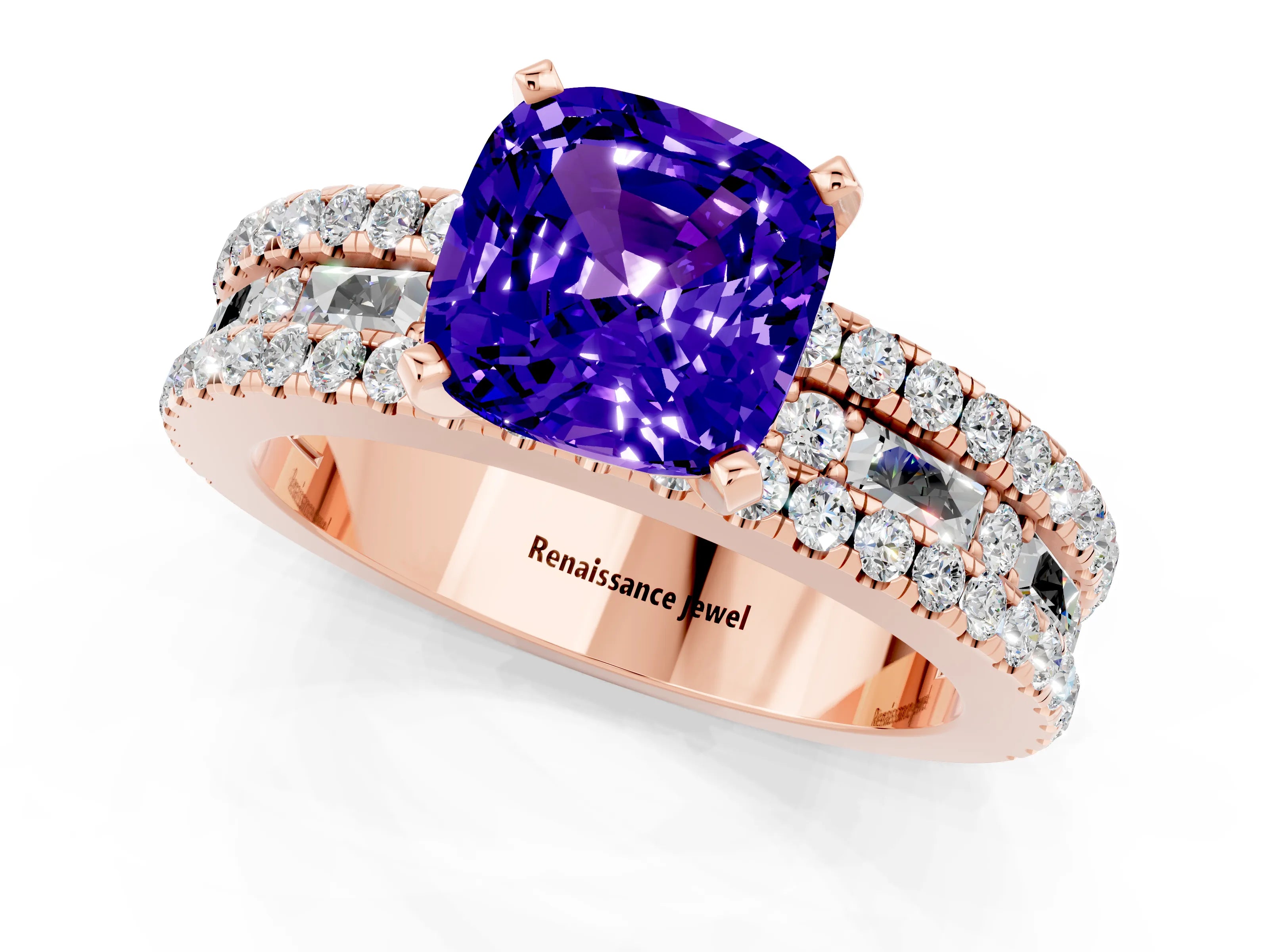 Rose gold Cushion Cut Tanzanite Solitaire Ring with Pavé and Channel Set Band_1