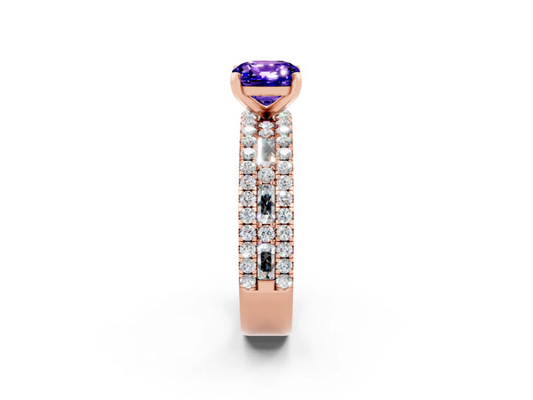 Rose gold Cushion Cut Tanzanite Solitaire Ring with Pavé and Channel Set Band