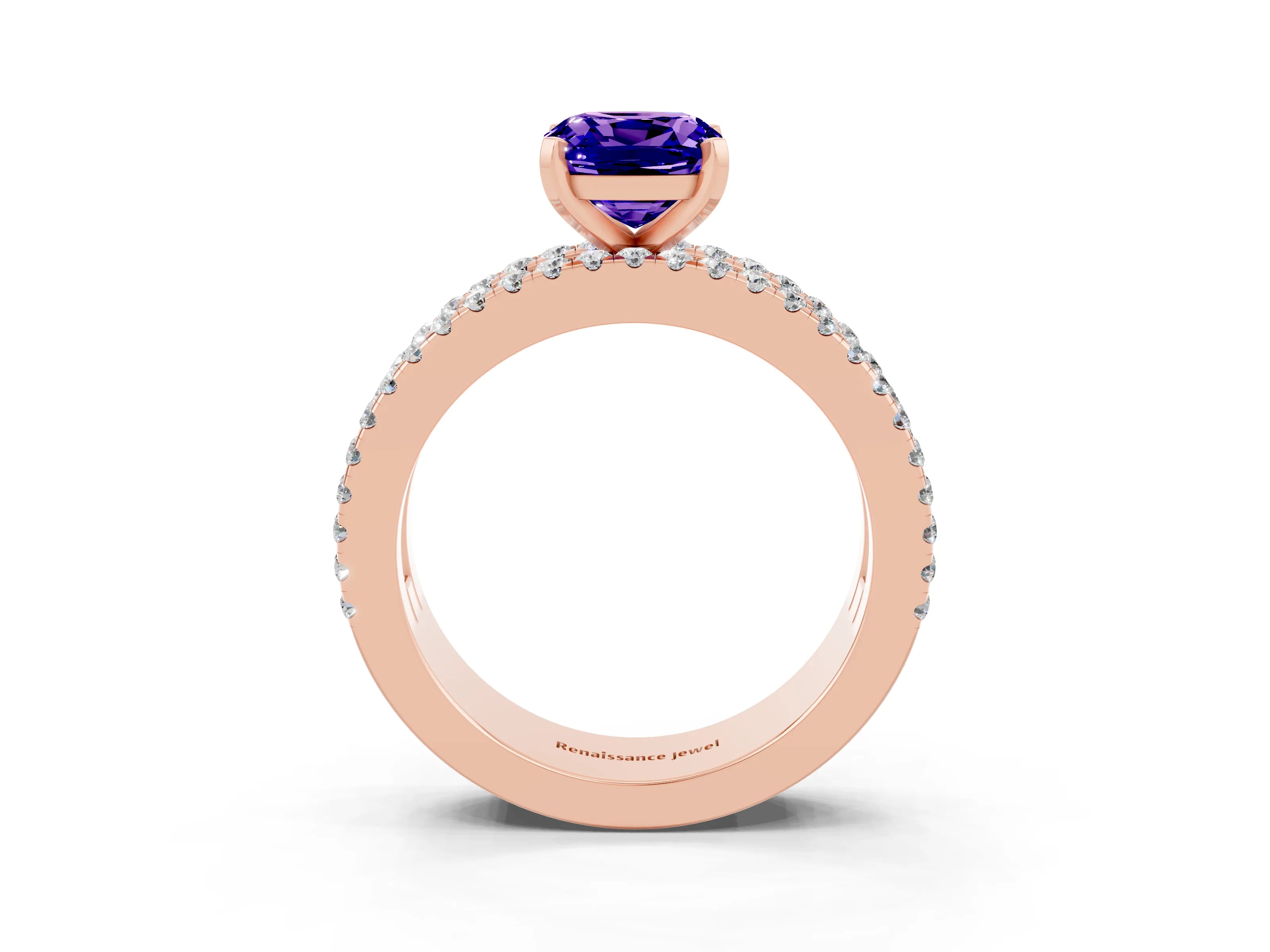 Rose gold Cushion Cut Tanzanite Solitaire Ring with Pavé and Channel Set Band_3