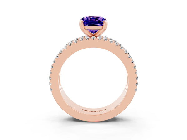 Rose gold Cushion Cut Tanzanite Solitaire Ring with Pavé and Channel Set Band
