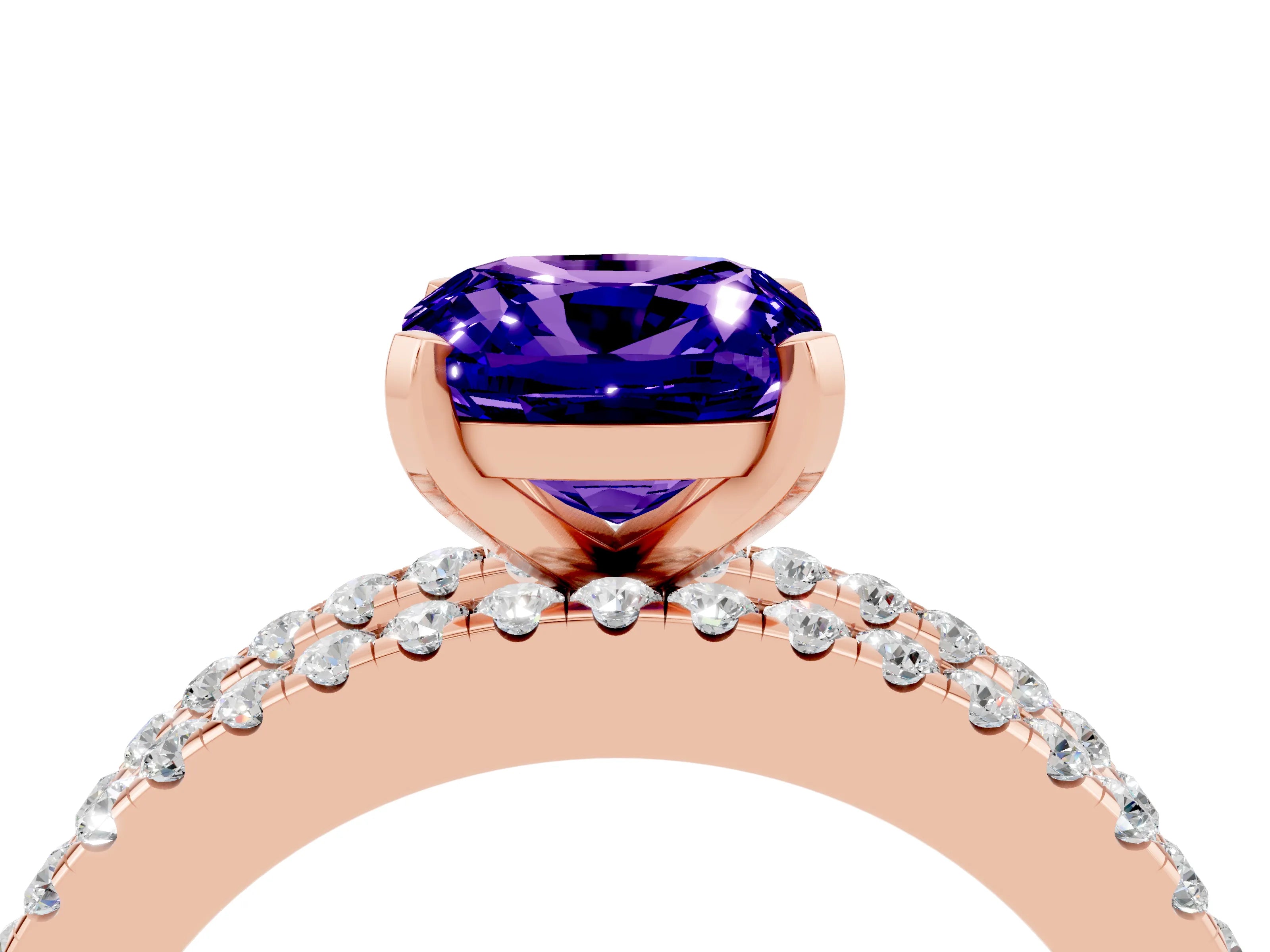 Rose gold Cushion Cut Tanzanite Solitaire Ring with Pavé and Channel Set Band_4