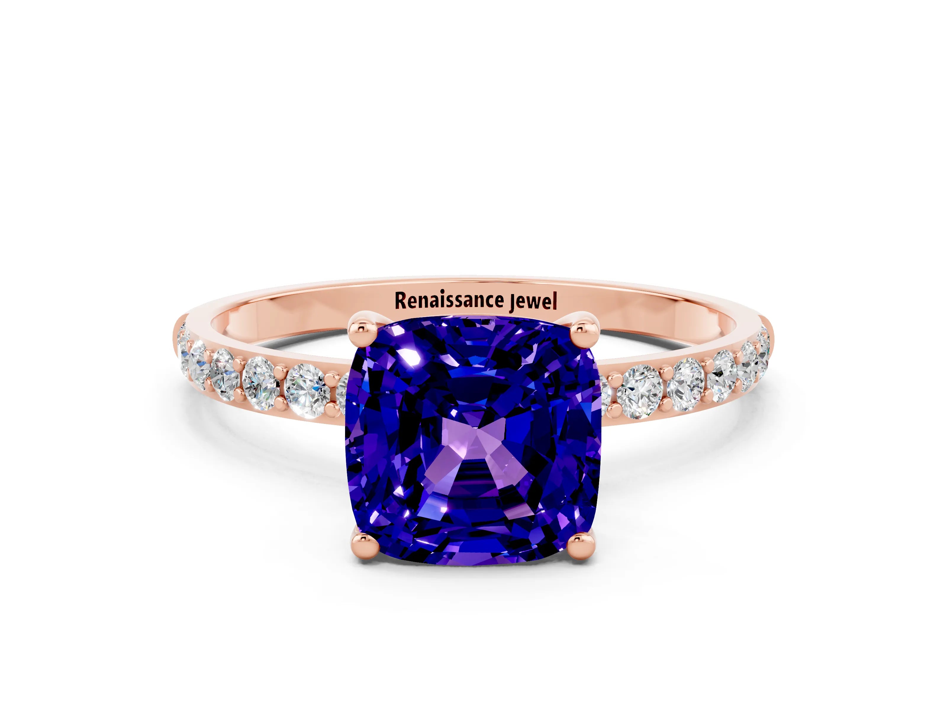 Rose gold Cushion Cut Tanzanite Solitaire Ring with Pave Band and Four Prong Setting_24