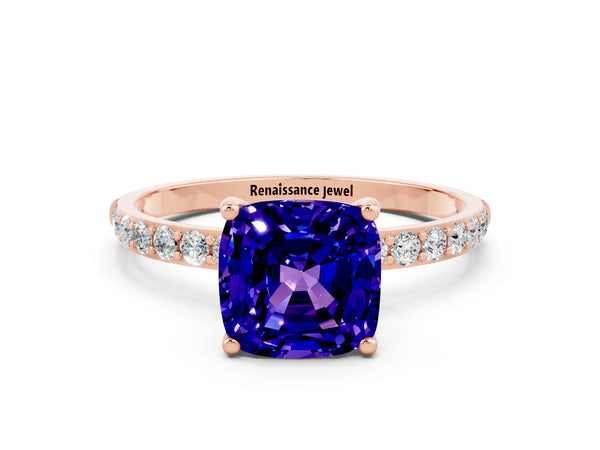 Rose gold Cushion Cut Tanzanite Solitaire Ring with Round  Pavé Band and Prong Setting