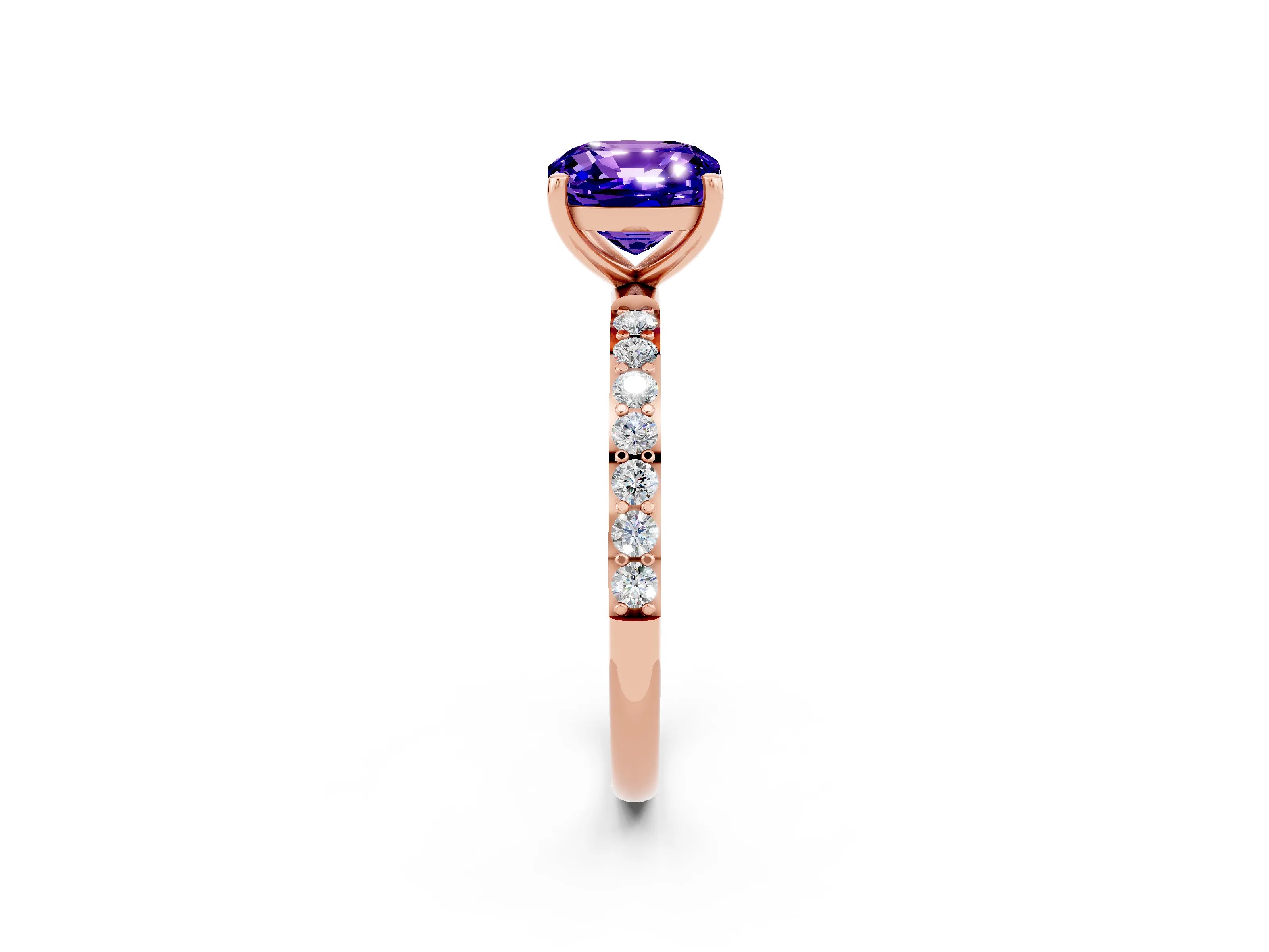 Rose gold Cushion Cut Tanzanite Solitaire Ring with Pave Band and Four Prong Setting_26
