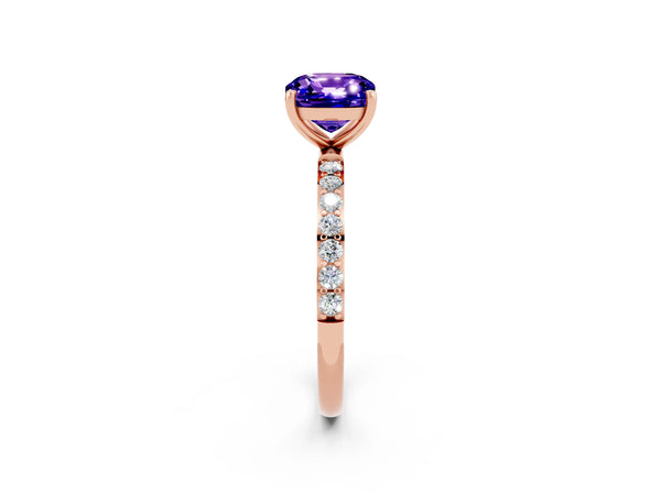 Rose gold Cushion Cut Tanzanite Solitaire Ring with Round  Pavé Band and Prong Setting